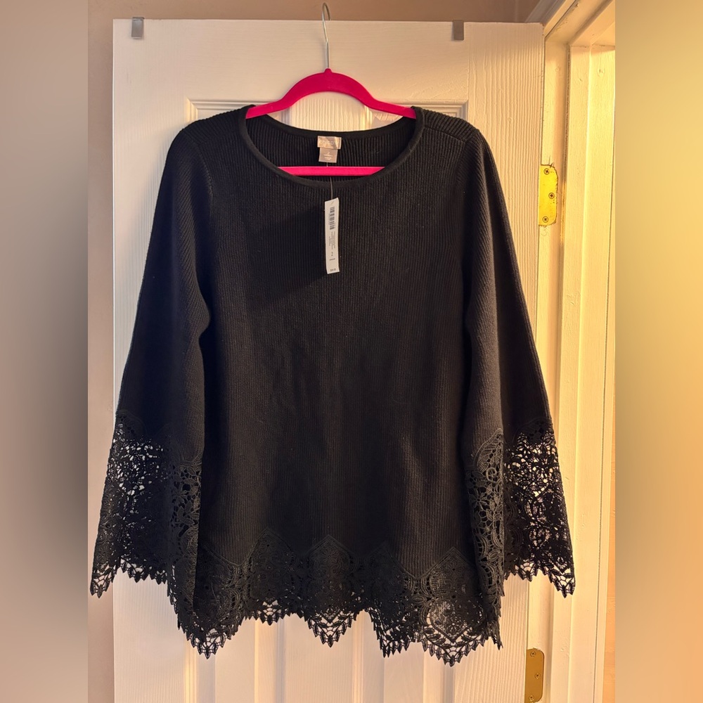 NWOT Chico's Black Lace Trim Knit Top